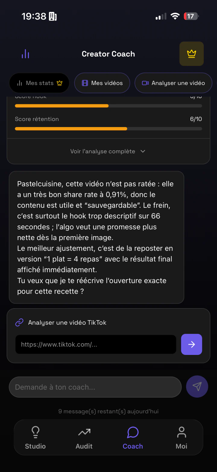 L’écran Be Viral AI présente une analyse de vidéo TikTok et des conseils de coaching.