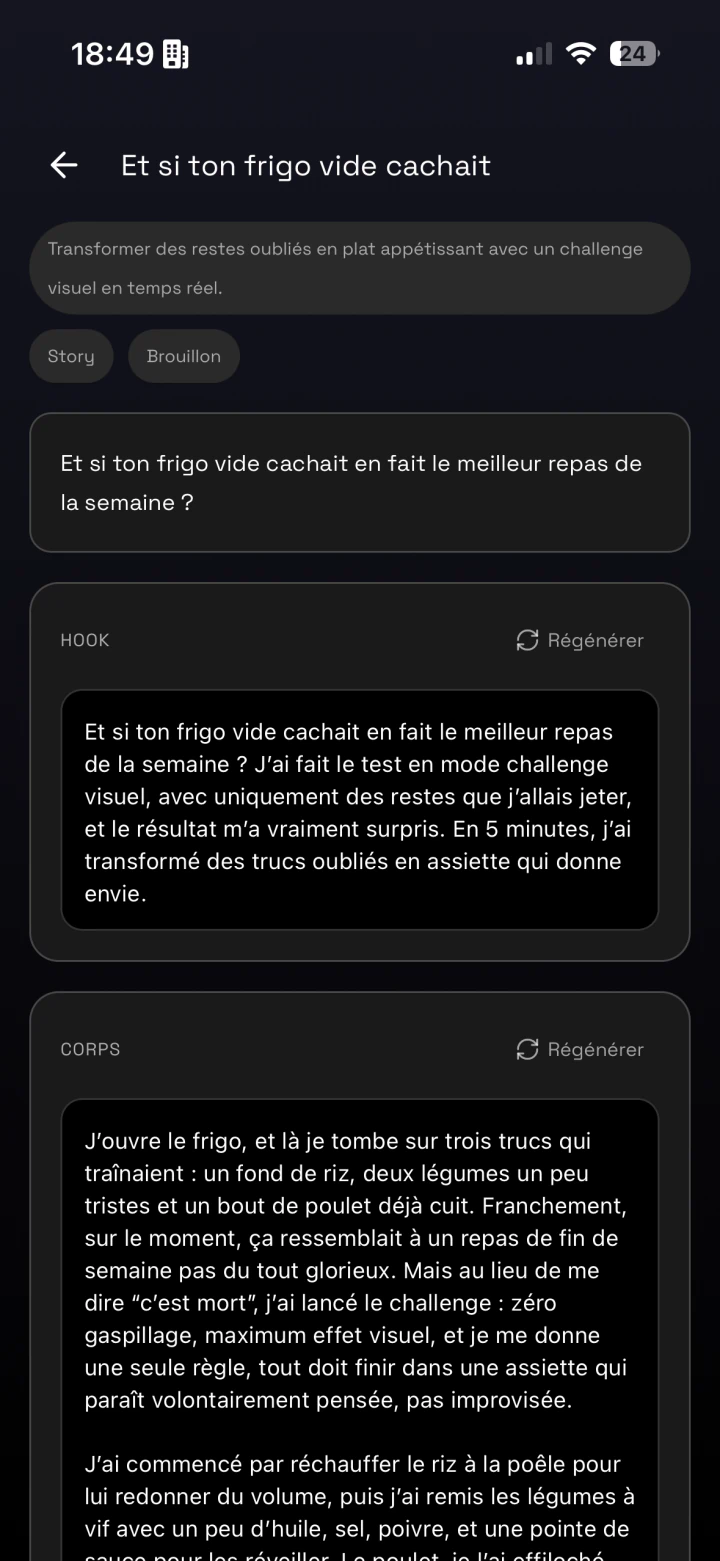 L’éditeur Be Viral AI organise un script TikTok en accroche et en développement.