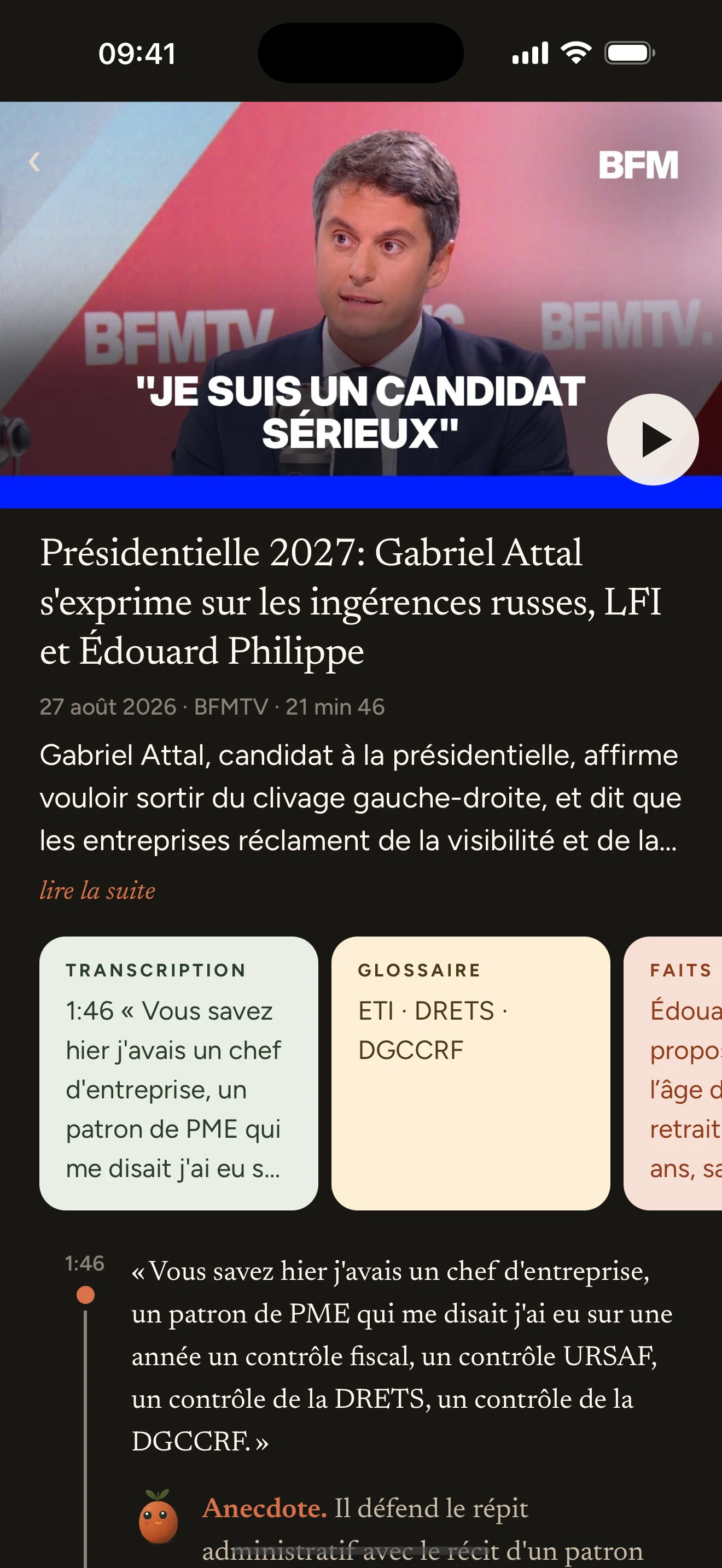 Un écran Presi rassemble la vidéo, la transcription et plusieurs cartes d’analyse.