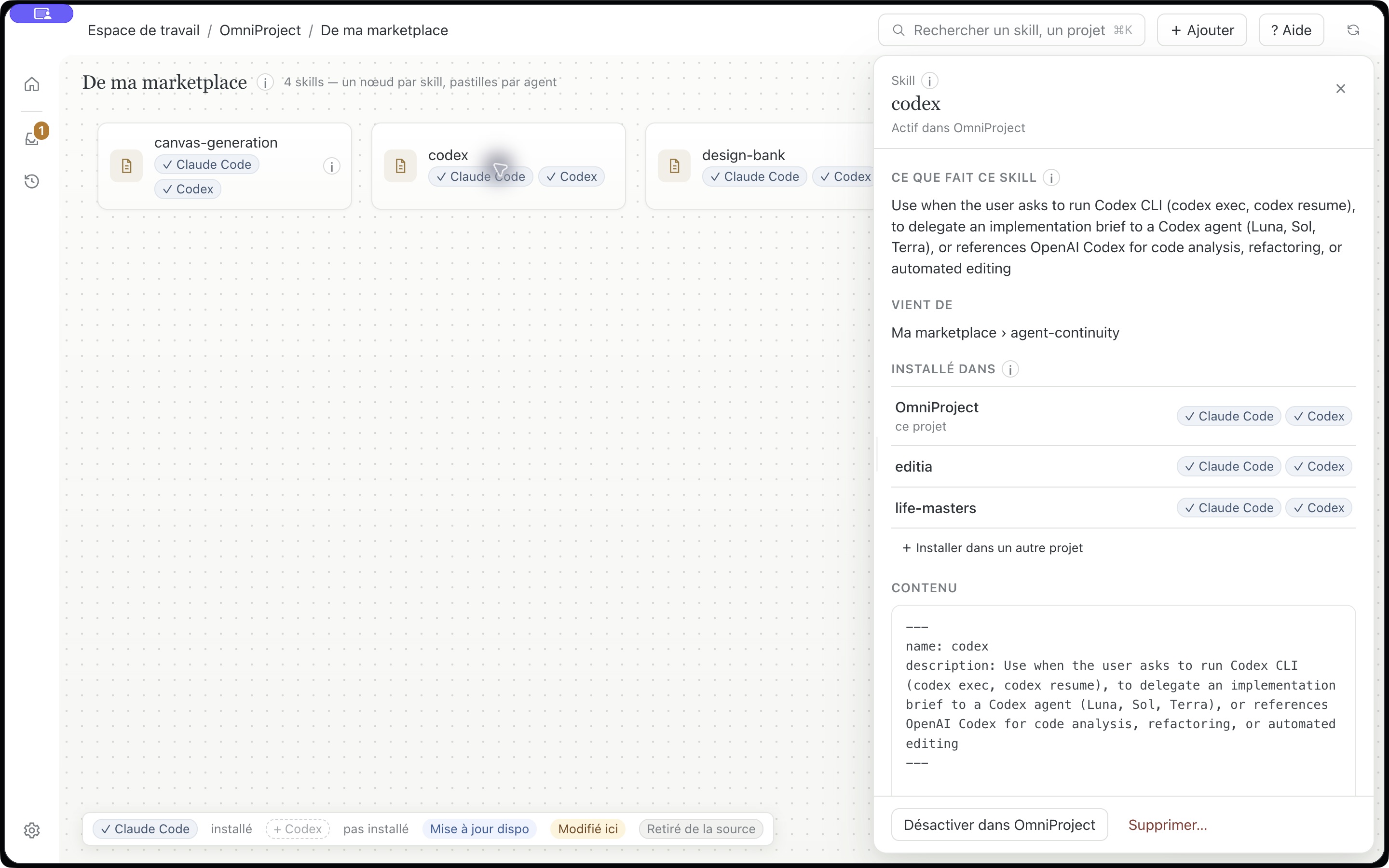 Fiche latérale de la skill codex ouverte sur le canevas d’OmniProject, avec provenance, installations et contenu.