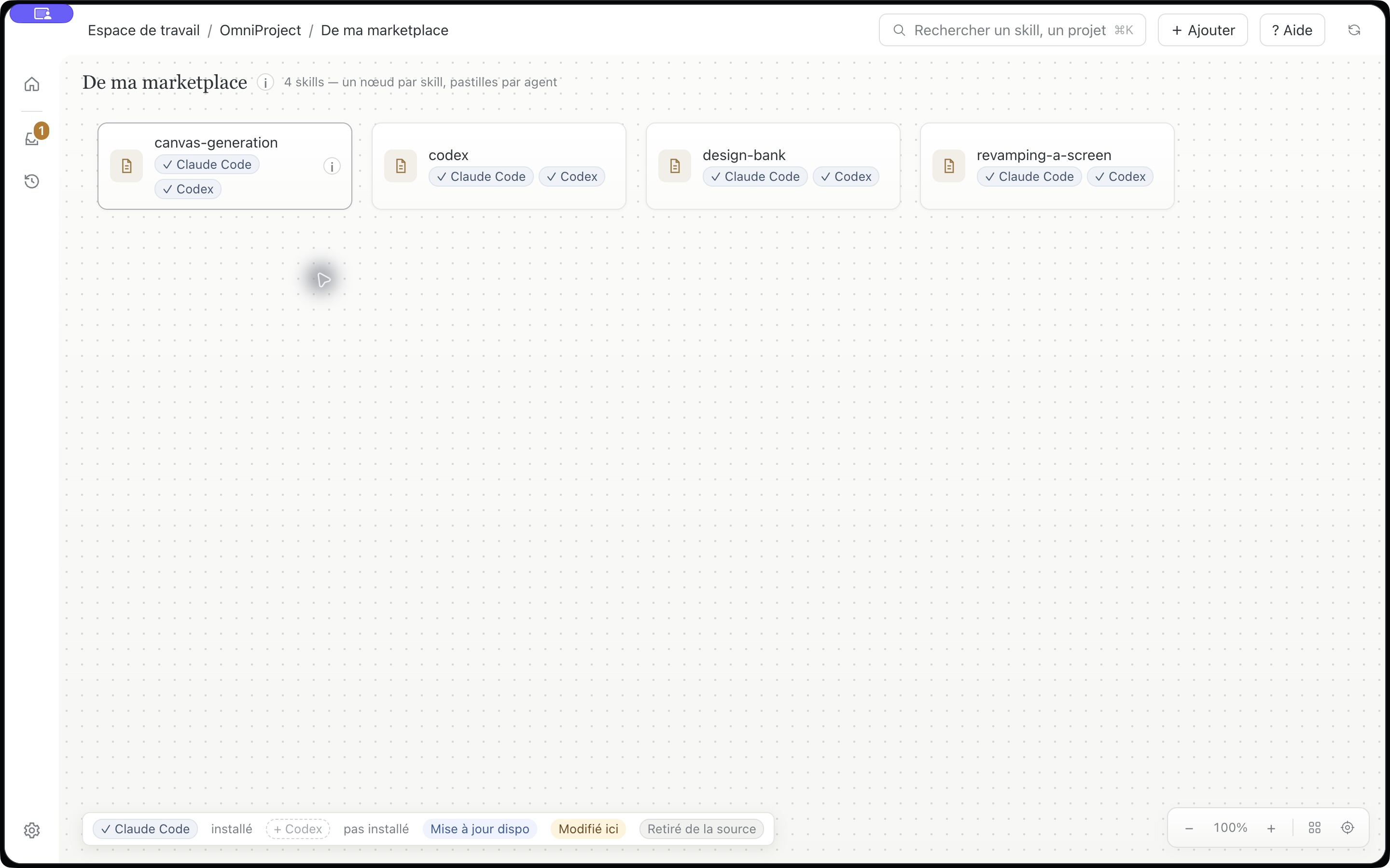 Quatre skills d’OmniProject, chacune représentée par un nœud avec les pastilles Claude Code et Codex.